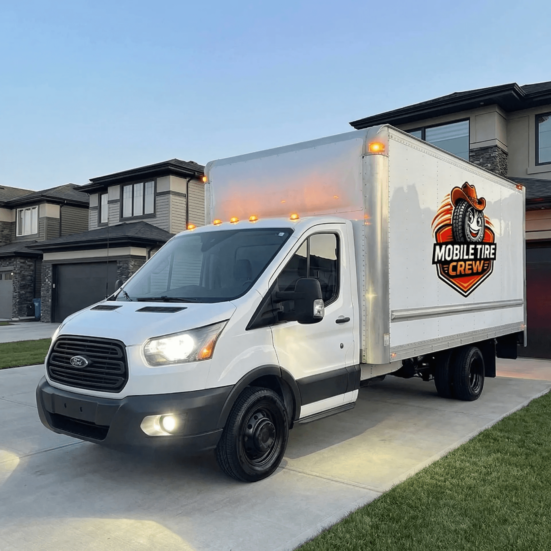 Mobile Tire Crew service truck parked on-site with lights on